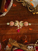 SHONAPRABHA- RADIANCE OF GOLD AND RED- HANDCRAFTED KUNDAN CHOKER  WITH GOLDEN MOONS AND RED BEADS