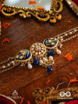 NILACHANDRIKA- MOONLIGHT OF THE BLUE SKY- KUNDAN NECKLACE WITH DEEP BLUE ENAMEL WORK WITH GOLDEN DETAILS, PEARLS, AND DAZZLING GEMS