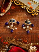 NILACHANDRIKA- MOONLIGHT OF THE BLUE SKY- KUNDAN EARRINGS WITH DEEP BLUE ENAMEL WORK WITH GOLDEN DETAILS, PEARLS, AND DAZZLING GEMS