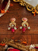 SHONAPRABHA- RADIANCE OF GOLD AND RED- HANDCRAFTED KUNDAN EARRINGS  WITH GOLDEN MOONS AND RED BEADS
