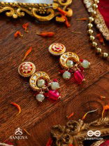 SHONAPRABHA- RADIANCE OF GOLD AND RED- HANDCRAFTED KUNDAN EARRINGS  WITH GOLDEN MOONS AND RED BEADS