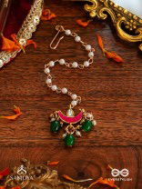 SHASHIRATNA- JEWEL OF THE MOON- KUNDAN MAANGTIKA INSPIRED BY THE MOON’S RADIANCE WITH PEARLS AND  GREEN DROPS