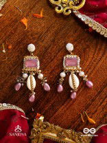 MANOHARA - CHARMING BEAUTY- ROYAL KUNDAN EARRINGS WITH PEARL STRINGS, SHELLS AND PINK GEM EMBELLISHMENTS