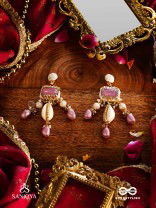 MANOHARA - CHARMING BEAUTY- ROYAL KUNDAN EARRINGS WITH PEARL STRINGS, SHELLS AND PINK GEM EMBELLISHMENTS