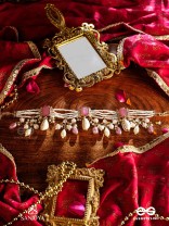 MANOHARA - CHARMING BEAUTY- ROYAL KUNDAN NECKLACE WITH PEARL STRINGS, SHELLS AND PINK GEM EMBELLISHMENTS