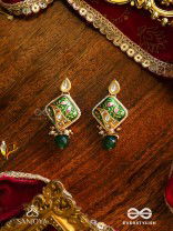 VANASHREE - QUEEN OF THE FOREST- MESMERIZING EARRINGS WITH VIBRANT GREEN AND GOLDEN ACCENTS, ADORNED WITH KUNDAN AND PEARLS