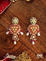 SUNDARIKA - BEAUTIFUL ONE - INTRICATE KUNDAN EARRINGS WITH ENAMEL WORK AND PEARL DROPS