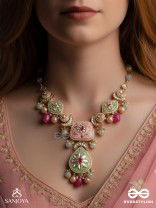 MADHUBHUSHANA - ADORNED WITH SWEETNESS - HANDCRAFTED KUNDAN ENAMEL NECKLACE WITH PEARL AND GEM DROPS