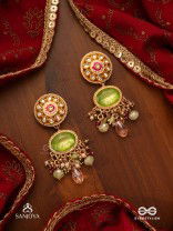 HARITRINA - GREEN AND PINK BEAUTY - ORNATE KUNDAN EARRINGS WITH FLORAL MOTIFS AND SPARKLING DROPS