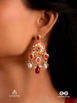 AGNITA - FIERY BEAUTY - INTRICATE KUNDAN RED POLKI EARRINGS WITH PEARLS AND GEM FRINGES