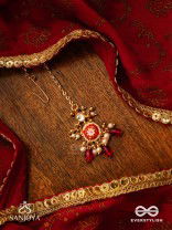TRADITIONAL RED ENAMELLED POLKI MAANGTIKA WITH LUSTROUS BEADS AND PEARLS