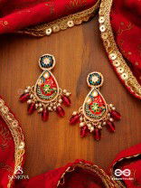 SUVARNAPUSHPA - GOLDEN BLOSSOM - LUXURIOUS HERITAGE KUNDAN EARRINGS WITH RED AND BLUE ENAMEL WORK, PEARLS AND BEADS