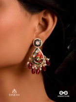 SUVARNAPUSHPA - GOLDEN BLOSSOM - LUXURIOUS HERITAGE KUNDAN EARRINGS WITH RED AND BLUE ENAMEL WORK, PEARLS AND BEADS
