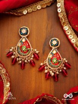 SUVARNAPUSHPA - GOLDEN BLOSSOM - LUXURIOUS HERITAGE KUNDAN EARRINGS WITH RED AND BLUE ENAMEL WORK, PEARLS AND BEADS