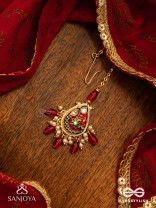 SUVARNAPUSHPA - GOLDEN BLOSSOM - LUXURIOUS HERITAGE KUNDAN MAANGTIKA WITH RED AND BLUE ENAMEL WORK, PEARLS AND BEADS
