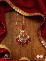 SUVARNAPUSHPA - GOLDEN BLOSSOM - LUXURIOUS HERITAGE KUNDAN MAANGTIKA WITH RED AND BLUE ENAMEL WORK, PEARLS AND BEADS