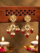 VIMALA - PURE AND DIVINE - ORNATE  KUNDAN EARRINGS WITH ROYAL RED STONES AND PEARLS