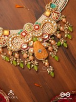 VASANTINI - SPRING’S BEAUTY - GRAND KUNDAN MULTI-CHAIN NECKLACE WITH PEARLS, BEADS AND GEM FRINGES
