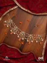 SANDHYAPRIYA - LOVER OF DUSK - EXQUISITE GOLDEN ENAMELLED KUNDAN NECKLACE WITH LUSTROUS ORANGE GEM DROPS