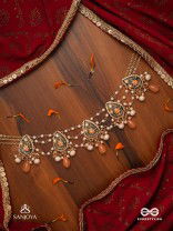 SANDHYAPRIYA - LOVER OF DUSK - EXQUISITE GOLDEN ENAMELLED KUNDAN NECKLACE WITH LUSTROUS ORANGE GEM DROPS