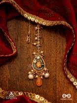 SANDHYAPRIYA - LOVER OF DUSK - EXQUISITE GOLDEN ENAMELLED KUNDAN MAANGTIKA WITH LUSTROUS ORANGE GEM DROPS