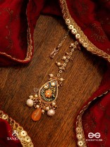 SANDHYAPRIYA - LOVER OF DUSK - EXQUISITE GOLDEN ENAMELLED KUNDAN MAANGTIKA WITH LUSTROUS ORANGE GEM DROPS