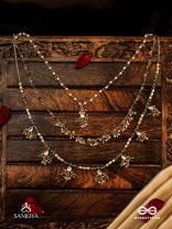 VARSHALEKHA - RAINFALL STROKES - ROYAL HERITAGE MULTI-STRAND KUNDAN NECKLACE WITH PEARL STRINGS AND POLKI DROPS