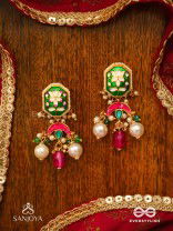 INDULEKHA - MOON'S BEAUTY - EXQUISITE CRESCENT-MOTIF KUNDAN EARRINGS WITH ENAMEL DETAILS AND PEARL DROPS
