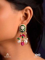 INDULEKHA - MOON'S BEAUTY - EXQUISITE CRESCENT-MOTIF KUNDAN EARRINGS WITH ENAMEL DETAILS AND PEARL DROPS