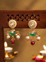 INDURAGA - MELODY OF THE MOON - ROYAL KUNDAN EARRINGS WITH CRESCENT MOTIFS AND RUBY DROPS