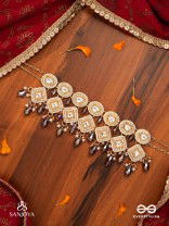 SHYAMALA - DUSKY QUEEN- GEOMETRIC POLKI NECKLACE WITH RICH GLASS DROPS AND PEARLS