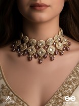 SHYAMALA - DUSKY QUEEN- GEOMETRIC POLKI NECKLACE WITH RICH GLASS DROPS AND PEARLS