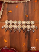 SHYAMALA - DUSKY QUEEN- GEOMETRIC POLKI NECKLACE WITH RICH GLASS DROPS AND PEARLS