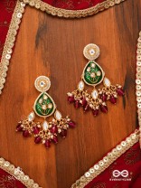 SINDURYA - SCARLET RAYS- GRAND CRESCENT ENAMEL KUNDAN EARRINGS WITH PEARLS AND BEADS