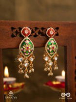 SHRINGARIKA - THE ADORNED ONE- ELEGANT PEARL EARRINGS WITH GREEN ENAMEL DROP, KUNDAN AND BEADS