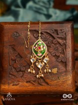 SHRINGARIKA - THE ADORNED ONE- ELEGANT PEARL MAANGTIKA WITH GREEN ENAMEL DROP, KUNDAN AND BEADS