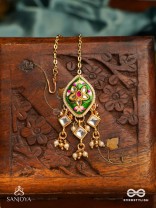 SHRINGARIKA - THE ADORNED ONE- ELEGANT PEARL MAANGTIKA WITH GREEN ENAMEL DROP, KUNDAN AND BEADS