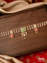 SHRINGARIKA - THE ADORNED ONE- ELEGANT PEARL NECKLACE WITH GREEN ENAMEL DROP, KUNDAN AND BEADS