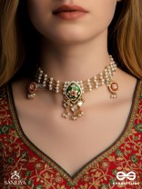 SHRINGARIKA - THE ADORNED ONE- ELEGANT PEARL NECKLACE WITH GREEN ENAMEL DROP, KUNDAN AND BEADS