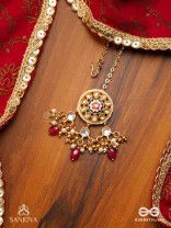 TRIBANDHURA - THREE-STRANDED BEAUTY-  KUNDAN MAANGTIKA WITH FLORAL ENAMELLED MEDALLIONS AND RUBY DROPS