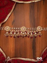 TRIBANDHURA - THREE-STRANDED BEAUTY- TRIPLE-CHAIN KUNDAN NECKPIECE WITH FLORAL ENAMELLED MEDALLIONS AND RUBY DROPS