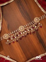 TRIBANDHURA - THREE-STRANDED BEAUTY- TRIPLE-CHAIN KUNDAN NECKPIECE WITH FLORAL ENAMELLED MEDALLIONS AND RUBY DROPS