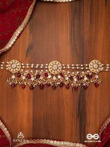 TRIBANDHURA - THREE-STRANDED BEAUTY- TRIPLE-CHAIN KUNDAN NECKPIECE WITH FLORAL ENAMELLED MEDALLIONS AND RUBY DROPS