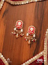 ABHARANI - THE ADORNED QUEEN- FINE TRADITIONAL KUNDAN EARRINGS WITH RED ENAMEL WORK, PEARL AND BEADS