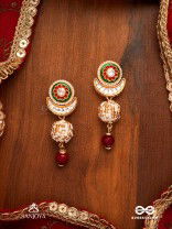 SHASHIRATNA - MOON GEM- MINIMALISTIC KUNDAN ENAMEL EARRINGS WITH FLORAL CENTER, PEARL SPHERES AND CELESTIAL DESIGN