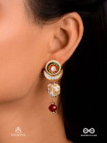 SHASHIRATNA - MOON GEM- MINIMALISTIC KUNDAN ENAMEL EARRINGS WITH FLORAL CENTER, PEARL SPHERES AND CELESTIAL DESIGN