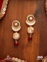 SHASHIRATNA - MOON GEM- MINIMALISTIC KUNDAN ENAMEL EARRINGS WITH FLORAL CENTER, PEARL SPHERES AND CELESTIAL DESIGN
