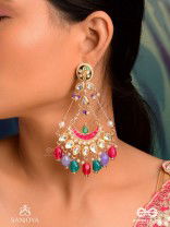 RANGAMAYA - FILLED WITH COLORS- INTRICATE KUNDAN CRESCENTS ENAMELLED EARRINGS WITH VIBRANT BEADED FRINGES AND PEARLS