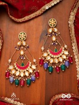 RANGAMAYA - FILLED WITH COLORS- INTRICATE KUNDAN CRESCENTS ENAMELLED EARRINGS WITH VIBRANT BEADED FRINGES AND PEARLS