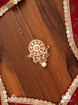 KSHIRANILA - MILKY SKY - ELEGANT KUNDAN PEARL MAANGTIKA WITH A CENTRAL ROUND POLKI ENAMEL DETAIL